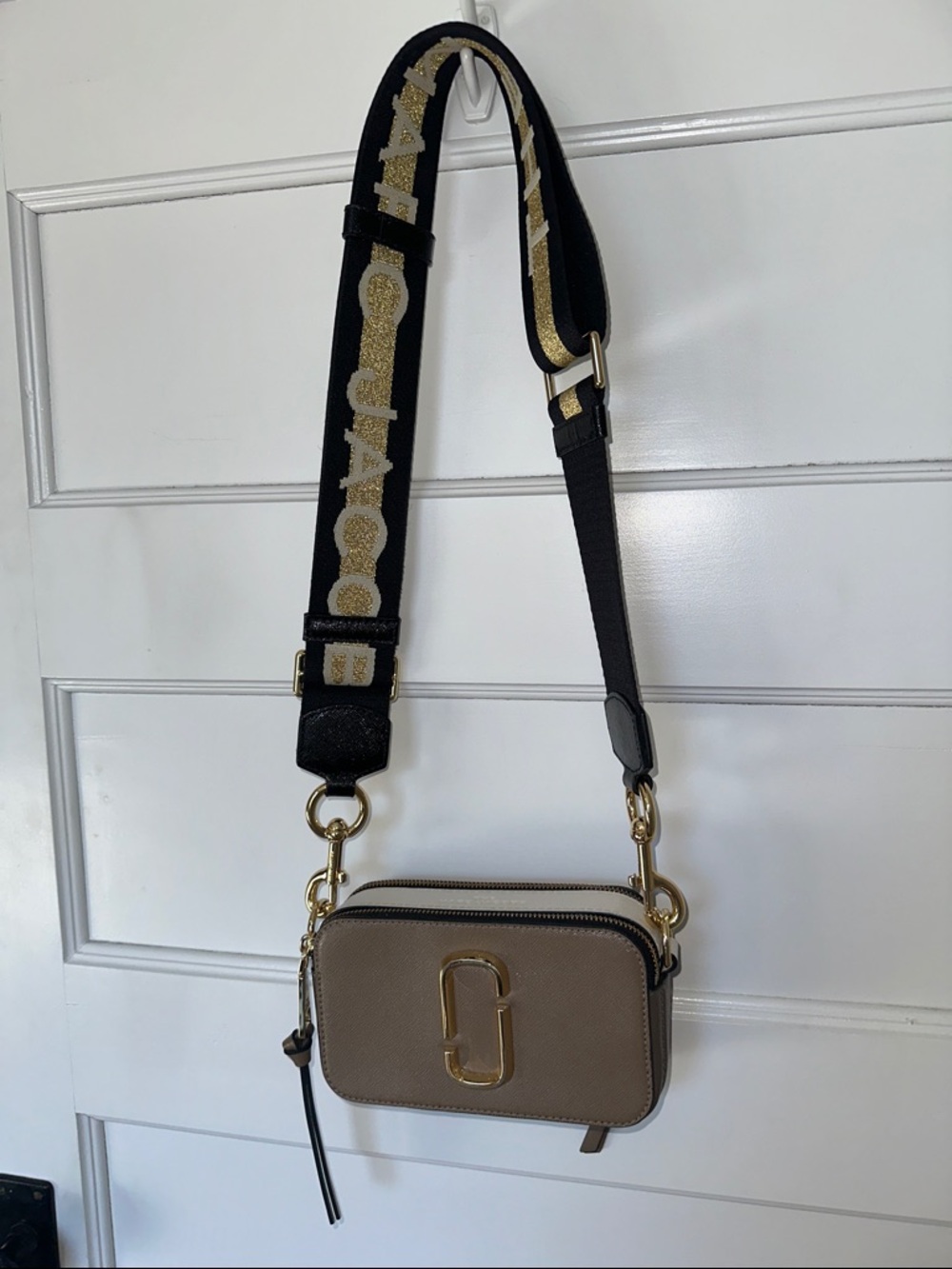 Marc Jacobs Taupe Crossbody with Black & Gold Strap